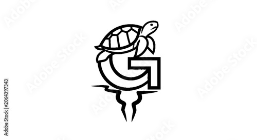 Turtle perched on stylized letter G logo design.