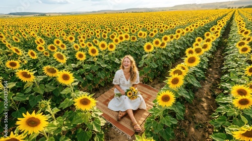 Captivating imagery showing model sitting in sunflowers from an impressive viewpoint