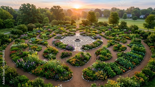 Aerial view of circular community garden maze at sunrise with lush greenery and pathways
