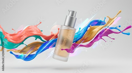 Cosmetic bottle splashing colorful liquid droplets in midair minimalist product photography