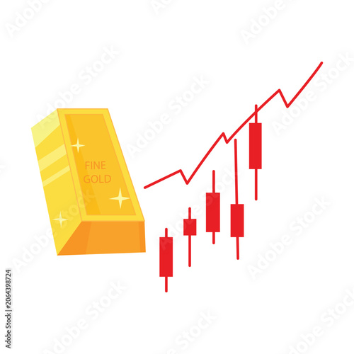 Gold bar and rising market chart illustration for investing, trading, finance