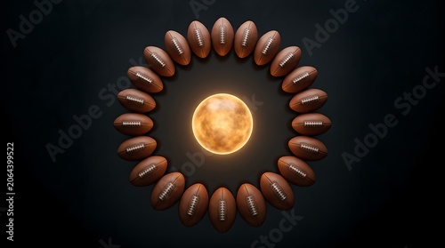 Footballs arranged in circle on dark background