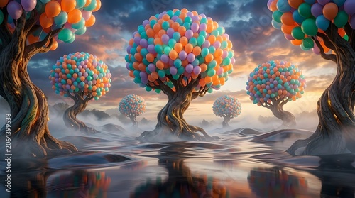 Colorful balloon trees growing from reflective terrain in surreal fantasy landscape