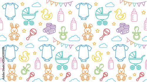 Colorful outline seamless baby shower pattern with nursery elements for wallpaper and textile design