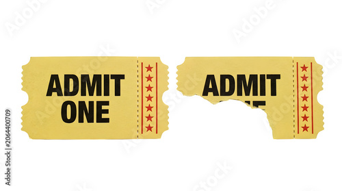 Torn yellow admission tickets, event entry passes, admit one stubs, concert or show tickets isolated on Transparent Background