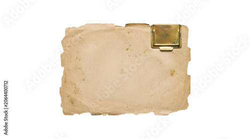 Vintage paper, torn edges, gold clip, beige texture, old parchment isolated on Transparent Background