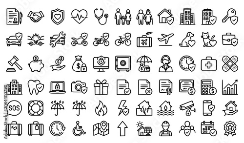 Insurance Editable Stroke Outline Icons Collection with Protection Policy and Coverage Symbols