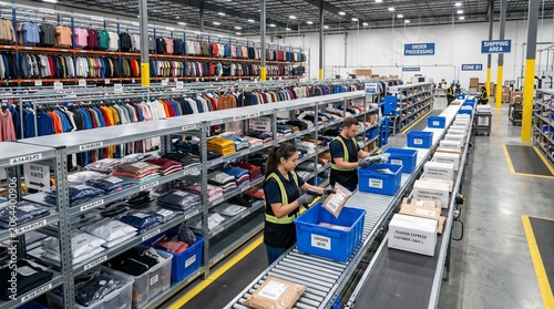 Modern Apparel Fulfillment Warehouse with Organized Fashion Inventory