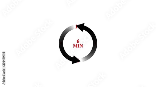 Animated circular clock timer showing six minutes duration for countdown sequences.