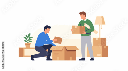 Two men unpacking boxes in a room