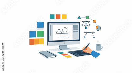 Graphic design workspace with computer, hand on drawing tablet