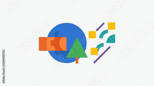 A blue circle with a green tree and abstract shapes