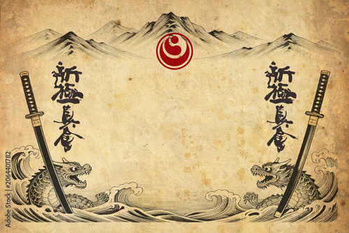 Certificate, diplom karate, martial arts with frame. Old vintage grunge paper texture background poster art design. Traditional Japan martial fighting arts aikido, judo, taekwon-do, hapkido.