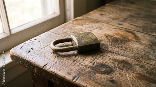 Antique Padlock On Wooden Table Close up Photography