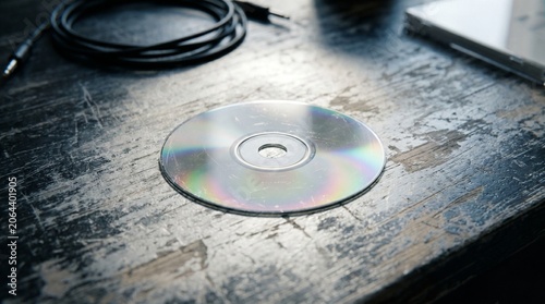 Compact Disc On Distressed Wood Surface Iridescent Reflection
