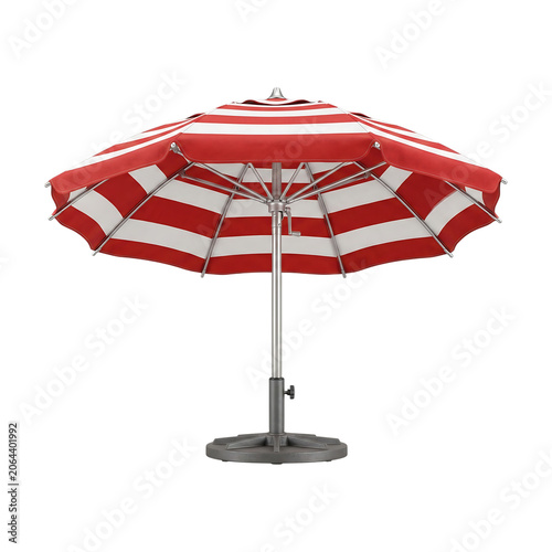 Red and white striped beach umbrella open on transparent background.