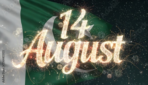 14 August Independence Day Glitter Typography on Pakistani Flag Background with Sparkling Celebration Theme,