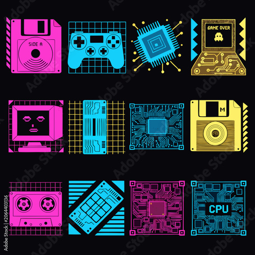 Retro Tech Sticker Pack Vector: 12 Neon 80s Gaming Stickers