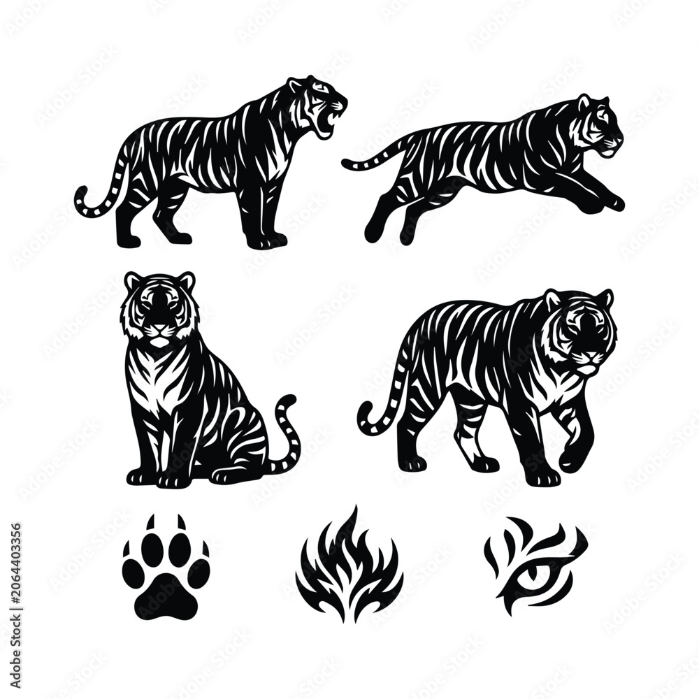 Obraz premium Tiger silhouettes collection with predatory animal poses and wild cat icons.