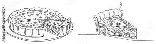 Obraz na plátne Quiche and savory tart slice with steam on plate in continuous line art style