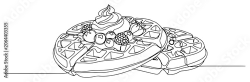 Konstfotografi Belgian waffles topped with whipped cream and berries drawn in simple continuous
