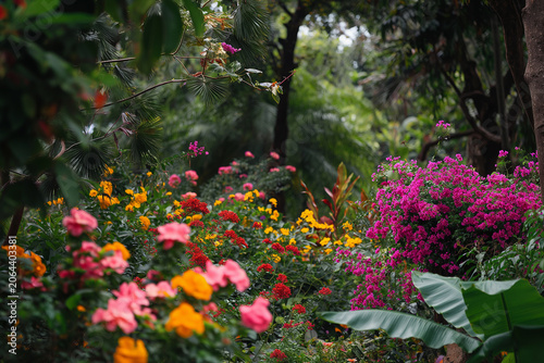 Lush tropical botanical garden with blooming pink bougainvillea and exotic plants