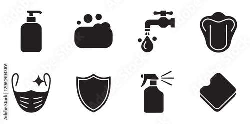 Cleaning and hygiene icon set with soap water spray basket shield and sponge symbols