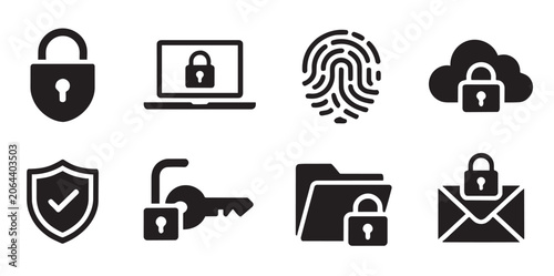 Digital cybersecurity icon set with locks shields fingerprint and cloud symbols