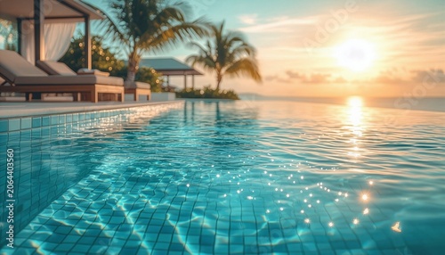 Luxury Resort Pool at Sunset Summer Vacation Background 夕暮れの高級リゾートプール イラスト