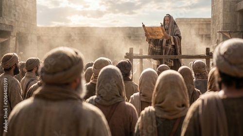 Biblical Ezra the Scribe Reading the Torah Scroll to the Assembly: Ancient Israelite Crowd, Book of Nehemiah and Tanakh Illustration