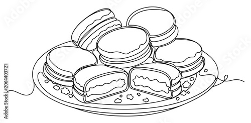Alfajores traditional sweet cookies on plate drawn in minimalist single continuous line art style