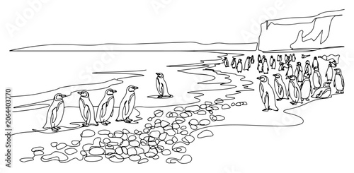 Foto Penguin colony on rocky beach near ocean cliffs in elegant continuous line art s