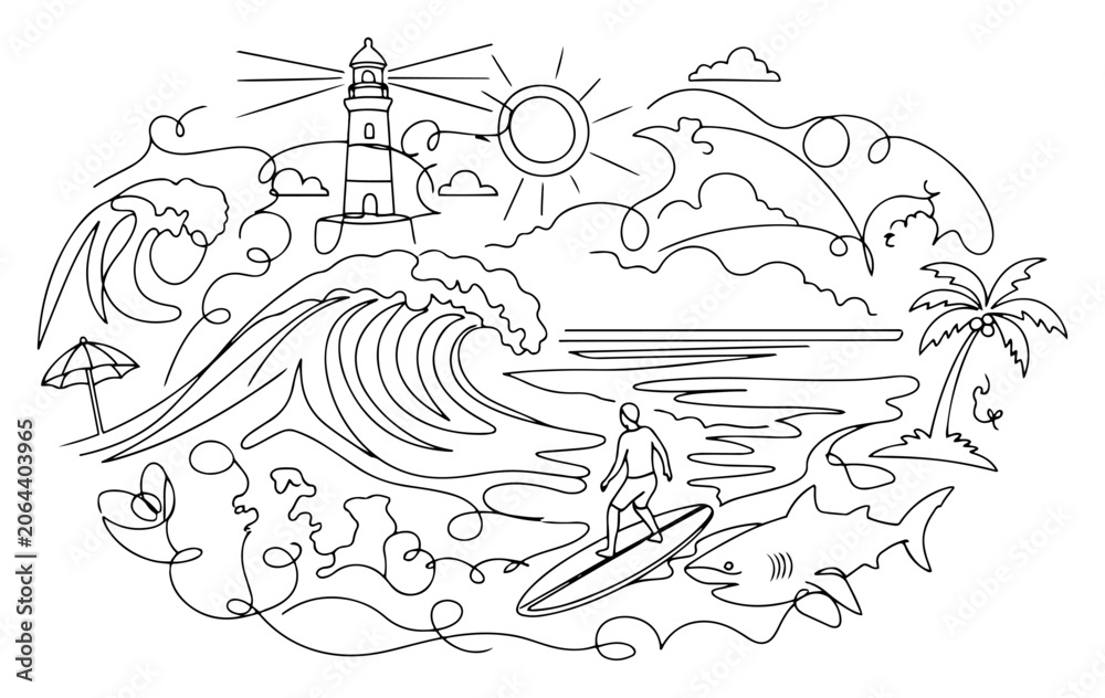 Naklejka premium Surfer riding ocean wave near shark and beach lighthouse drawn in minimalist single continuous line art style