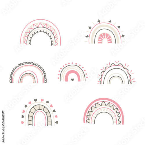 Collection of cute hand-drawn rainbows isolated on a white background. Funny scandinavian style bohemian rainbows vector clipart set for baby shower, nursery decor, stickers, and kids apparel.