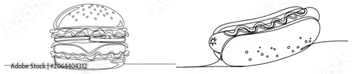 Burger and hot dog fast food set in continuous line art style