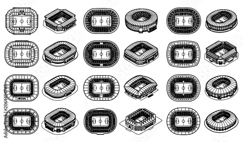 Photography Monochrome football stadium vector pack with top view arena layouts and soccer v
