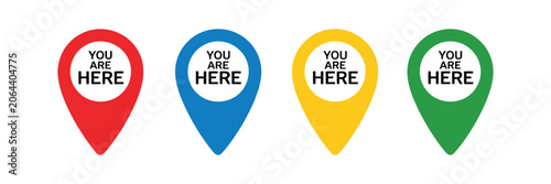 You are here icon set featuring map pin symbols for navigation, GPS positioning, destination address markers, and location tracking in flat color vector style.
