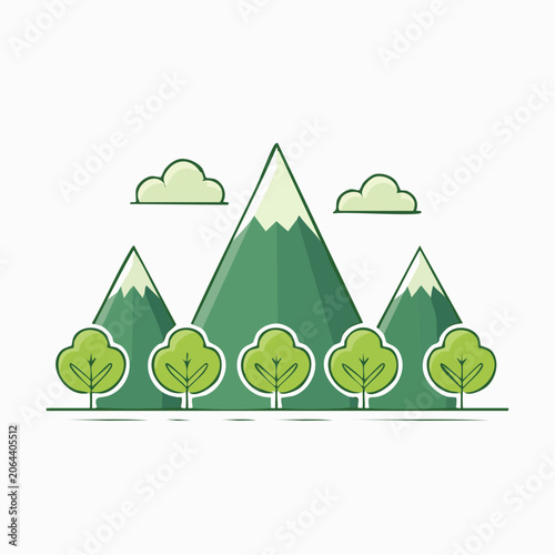 Stylized Mountain Landscape with Trees and Clouds
