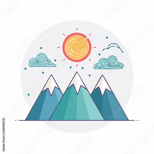 Stylized Mountain Landscape with Sun and Clouds