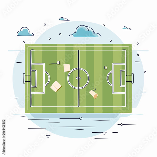 Top-down view of a soccer field with clouds and abstract elements