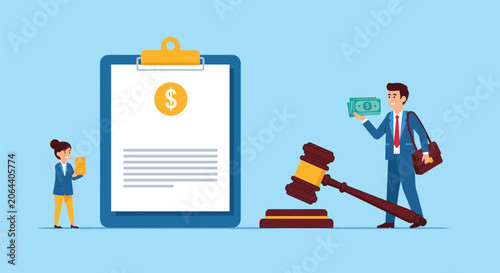 Legal and financial illustration with people carrying money next to a large clipboard document and a judge gavel.