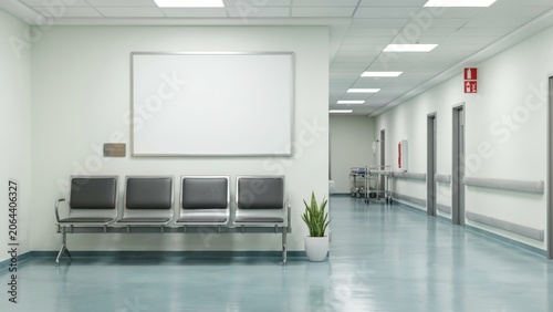 Hospital waiting area corridor featuring a blank white rectangular poster frame above comfortable chairs and a small green plant