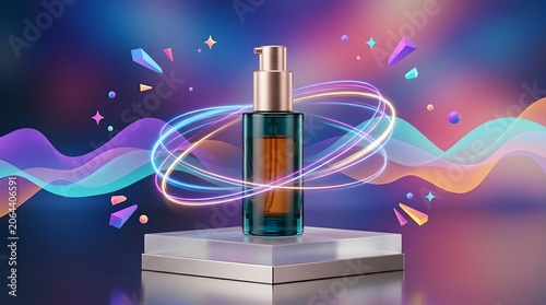 Luxury perfume bottle on podium with colorful abstract background