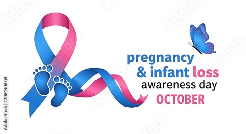 Pregnancy and infant loss awareness day banner, pink and blue ribbon with baby footprints, October remembrance month concept on white background