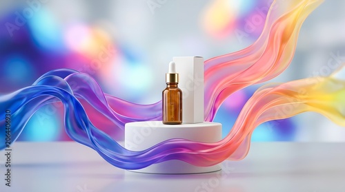 Product display on minimalist podium with colorful wave design