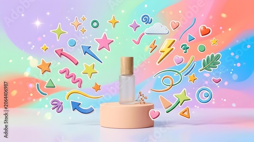 Hand holding pencil creating colorful 3D design elements on pastel gradient background