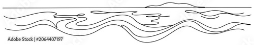 Ocean waves and distant island on horizon in continuous line art style
