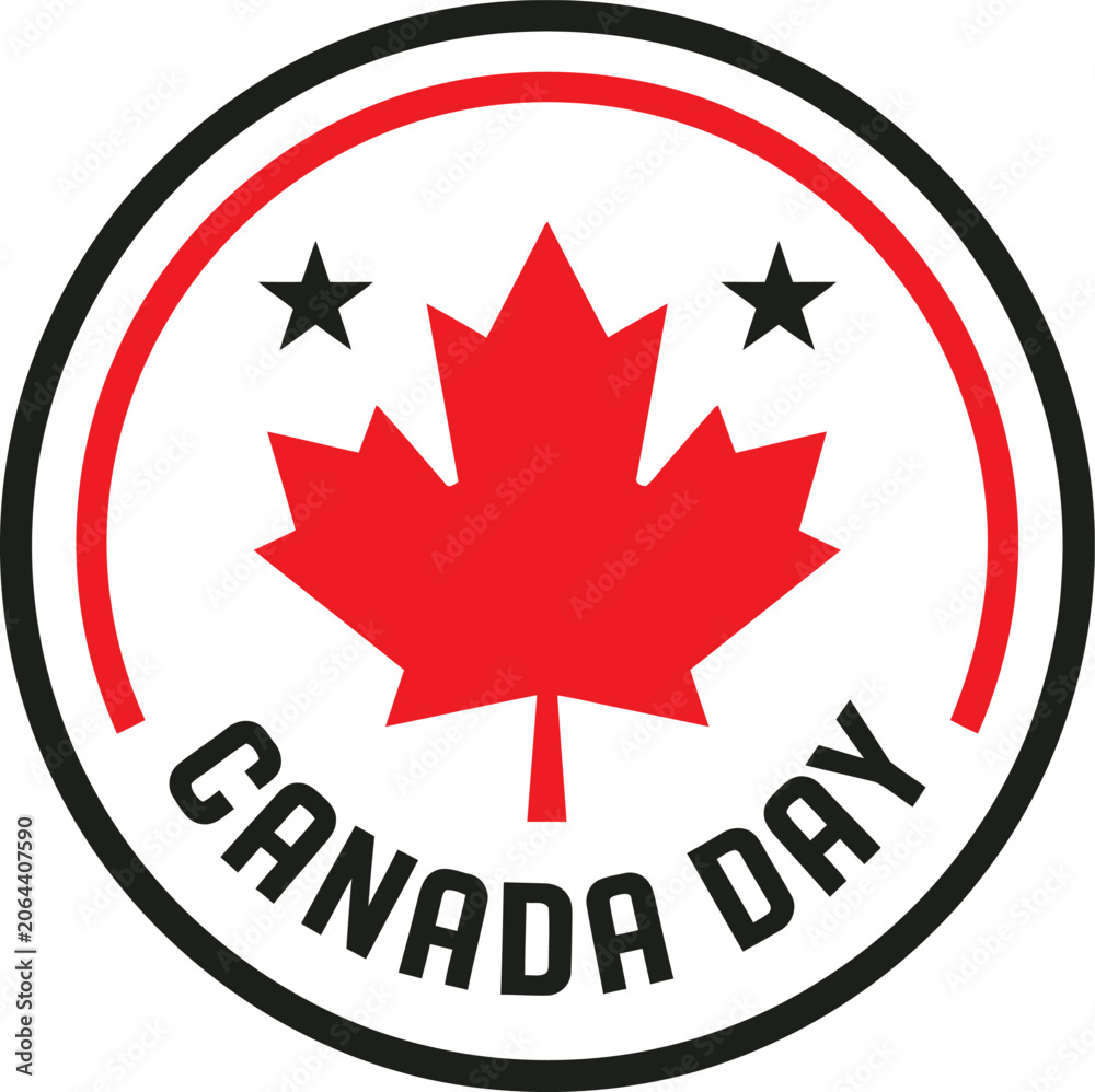 Fototapeta premium Canada day emblem red maple leaf stars and circular text design