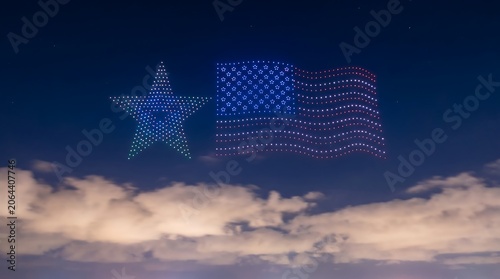 Patriotic drone light show in night sky, luminous American flag and star formation, glowing UAV swarm technology for national holiday celebration