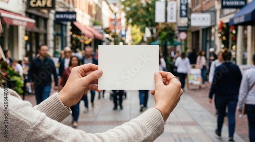 Person holding blank white card on busy shopping street with people walking